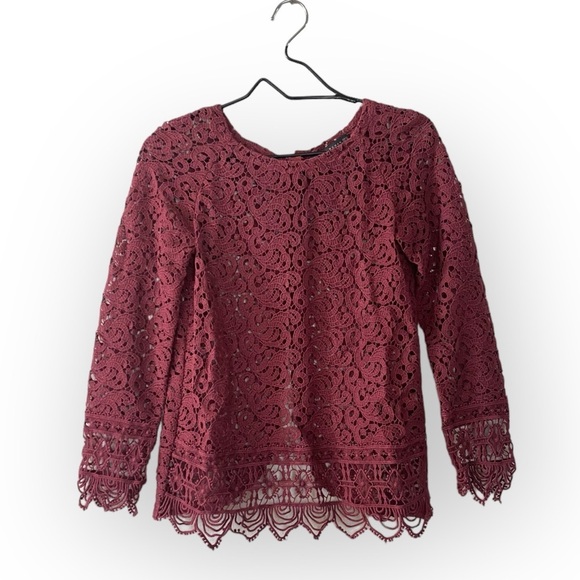 Zara Crochet Lace Eyelet Blouse See Through Maroon Top Women’s Size XS - Picture 3 of 12